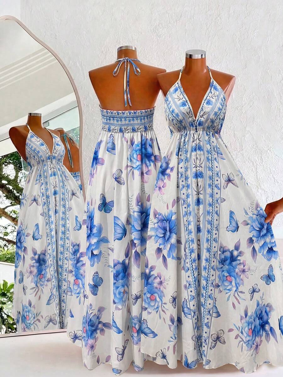 Franclia Bohemian Style Printed Beach Slip Dress - Baby Blue - View 1