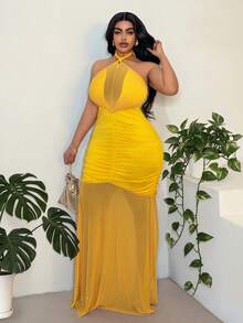 Maweii Vestido elegante de talla grande con cuello de halter, drapeado de malla y cintura anudada - Amarillo - Ver 2