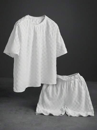 PAVTROS Men's Checkerboard Print Crew Neck Short Sleeve T-Shirt And Shorts Casual Set