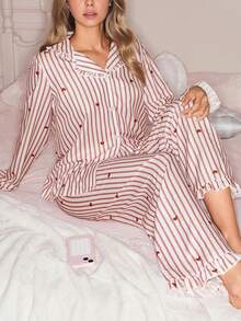 Striped Heart Print Sweet Ruffled Collar Long Sleeve Women Pajama Set - Red - View 1