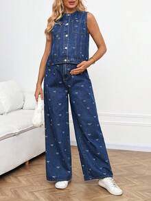 SHEIN Maternity Fashionable Bowknot Tank Top & Denim Pants 2 Pieces Set - Blue - View 4