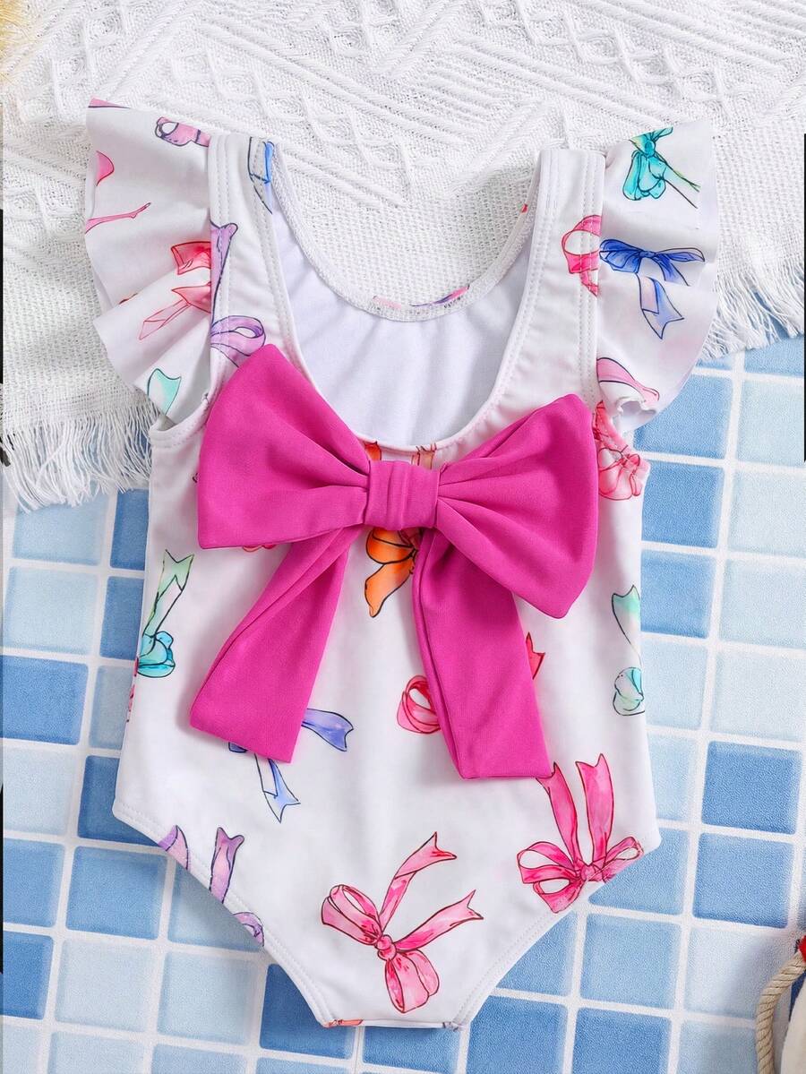 LMoss Kids Baby Girl Bow Print Ruffle One-Piece Swimsuit - Multicolor - View 1