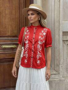 Hansera 女士复古印花泡泡袖荷叶边领上衣，夏季时尚度假风 - 紅色 - 查看 1