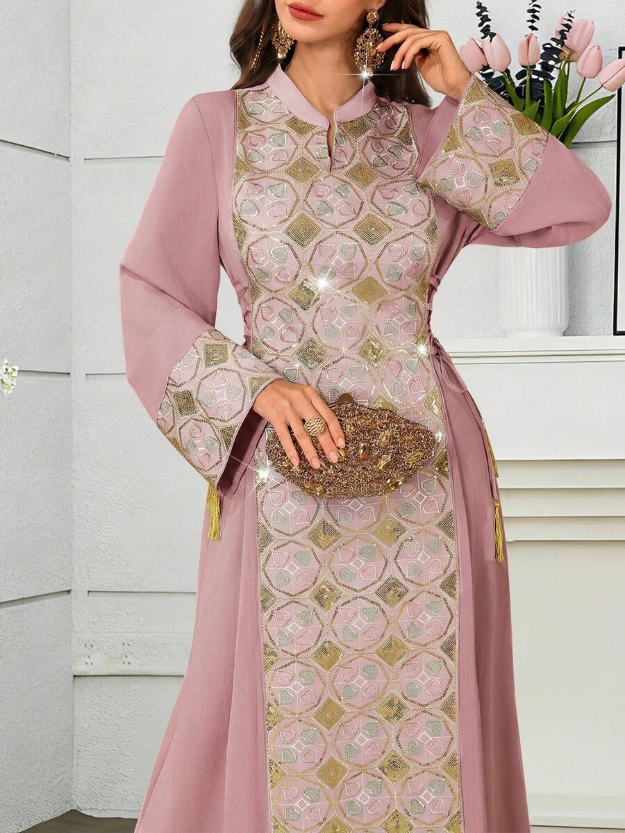 Al Najma Đầm thanh lịch đính sequin thêu họa tiết, thắt eo bên hông, tay xòe. - Hồng - Xem 1