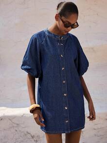 Maija Đầm denim tay phồng xếp ly cài cúc đơn dành cho nữ, thích hợp cho kỳ nghỉ, du lịch. - Rửa tối - Xem 4