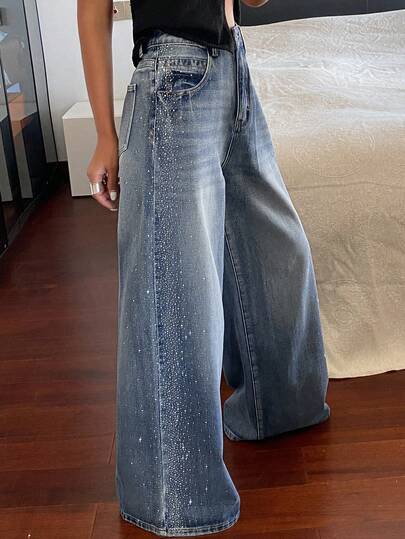 DAZY Jeans de pierna ancha casual de vacaciones con decoración de diamante de imitación desgastados y lavados para mujeres
