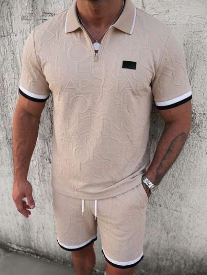 Manfinity CasualCool 2pcs Men's Comfortable Letter Print Knit Fabric Short Sleeve Zip-Up Polo Shirt And Drawstring Elastic Waist Shorts Set, Casual For Vacation, Party, Hangout, Sports, Office, Classic Japanese Style For Spring & Autumn, Best-Selling Set, Suitable For Self-Wear Or Gift To Friends