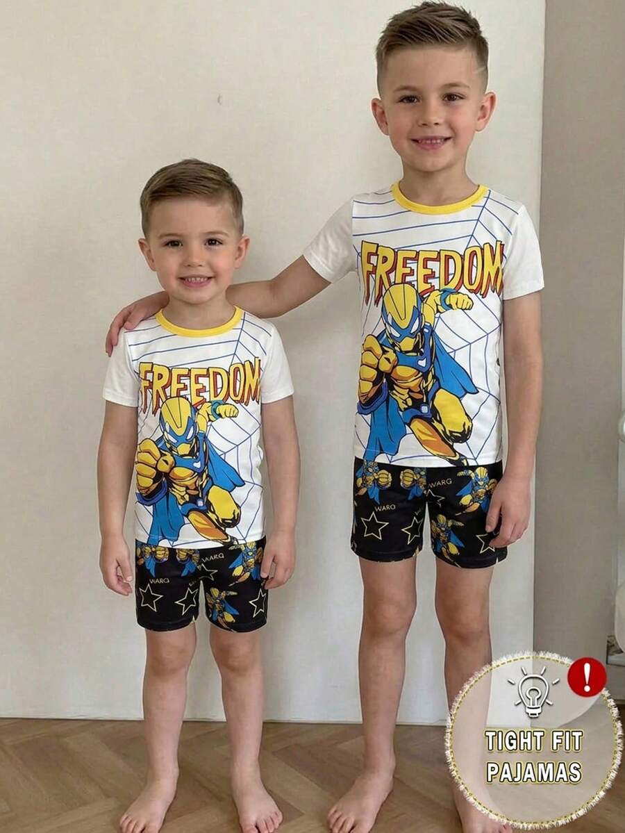 男童撞色针织圆领短袖T恤短裤套装，超级英雄数码印花舒适贴身两件套睡衣家居服套装，春夏款 - 黃色 - 查看 1