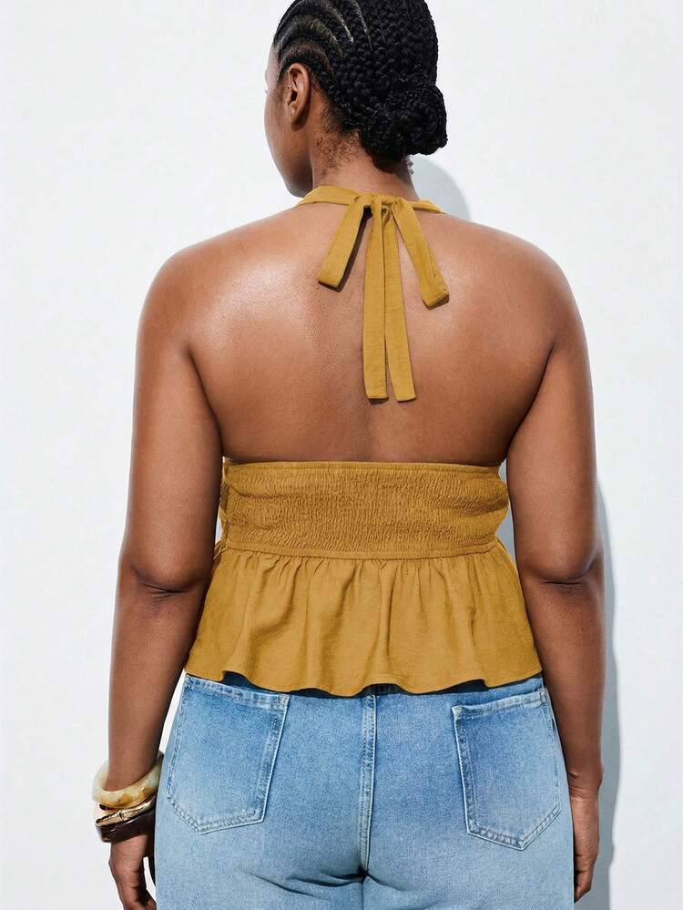 SHEIN Maija Plus Size Women Yellow Solid Color Sexy Backless Camisole Tank Top, Summer Brown Spaghetti Strap V-Neck Ruched Camisole Summer/Spring Festival Party Beach Wedding Graduation Elegant Casual Vacation Formal Y2k Country Business Work Outfits For Women