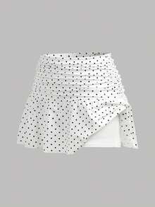 Girlism 少女春夏新款白色针织休闲简约波点印花修身褶皱A字低腰迷你裙，波点，波点迷你裙，波点短裙，休闲，时尚，日常百搭 - 白色 - 查看 3