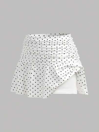 Girlism Váy ngắn dáng chữ A cạp thấp, màu trắng, chất liệu dệt kim, kiểu dáng tối giản, ôm sát, chất liệu chấm bi, dành cho nữ tuổi teen, thích hợp mặc hàng ngày.