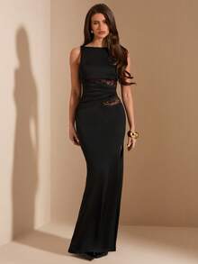 SHEIN BAE Đầm đen phối ren, xẻ tà cao, dành cho nữ. - màu đen - Xem 4