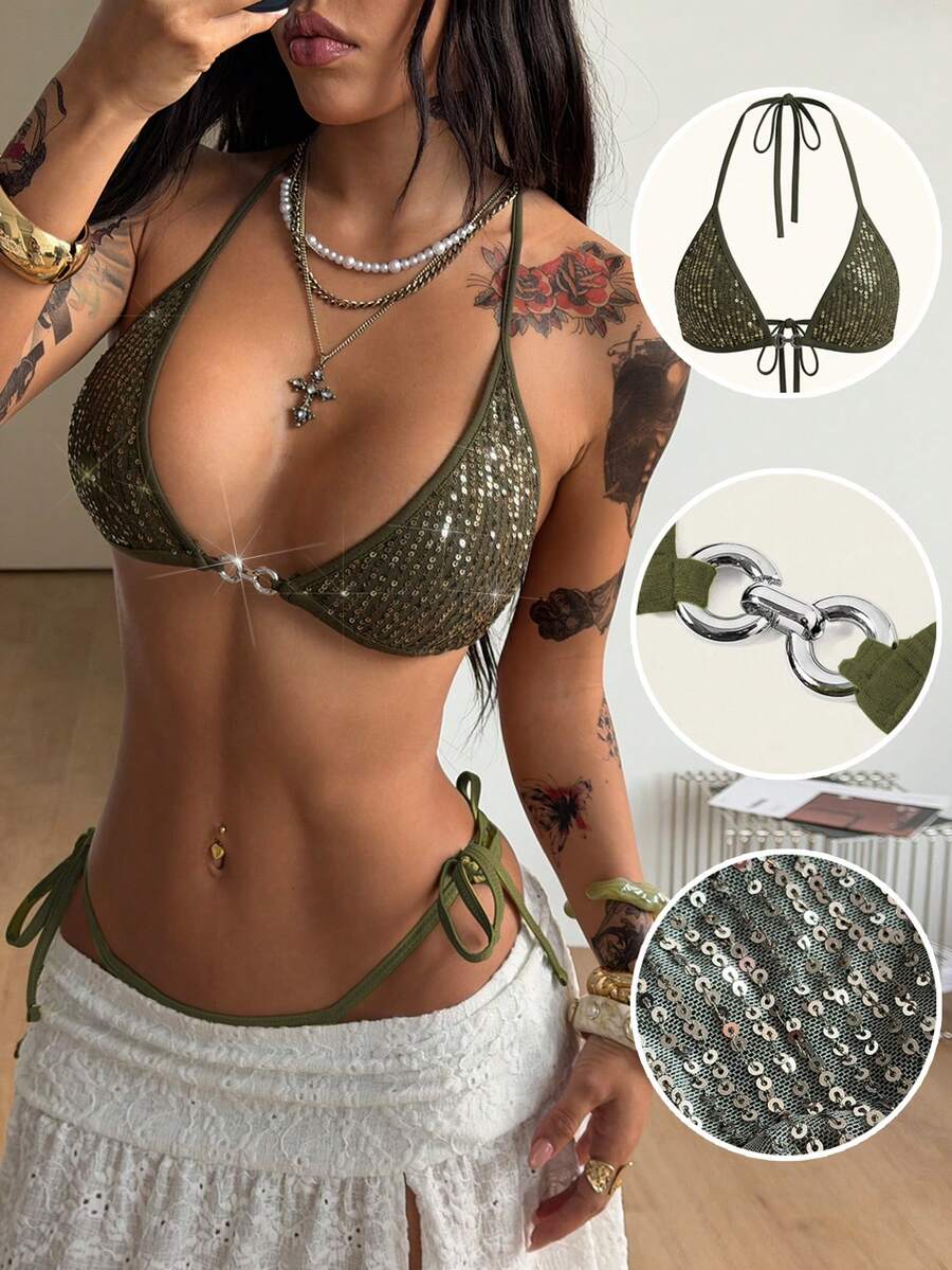 Coolane Áo tank top lấp lánh dành cho nữ mùa hè, phong cách lễ hội âm nhạc Y2K. - xanh quân đội - Xem 1