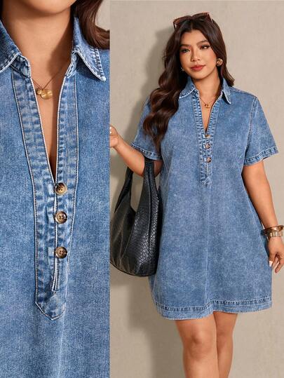 Elaquor 大码女式夏季休闲度假日常通勤纽扣装饰V领短袖宽松牛仔连衣裙
