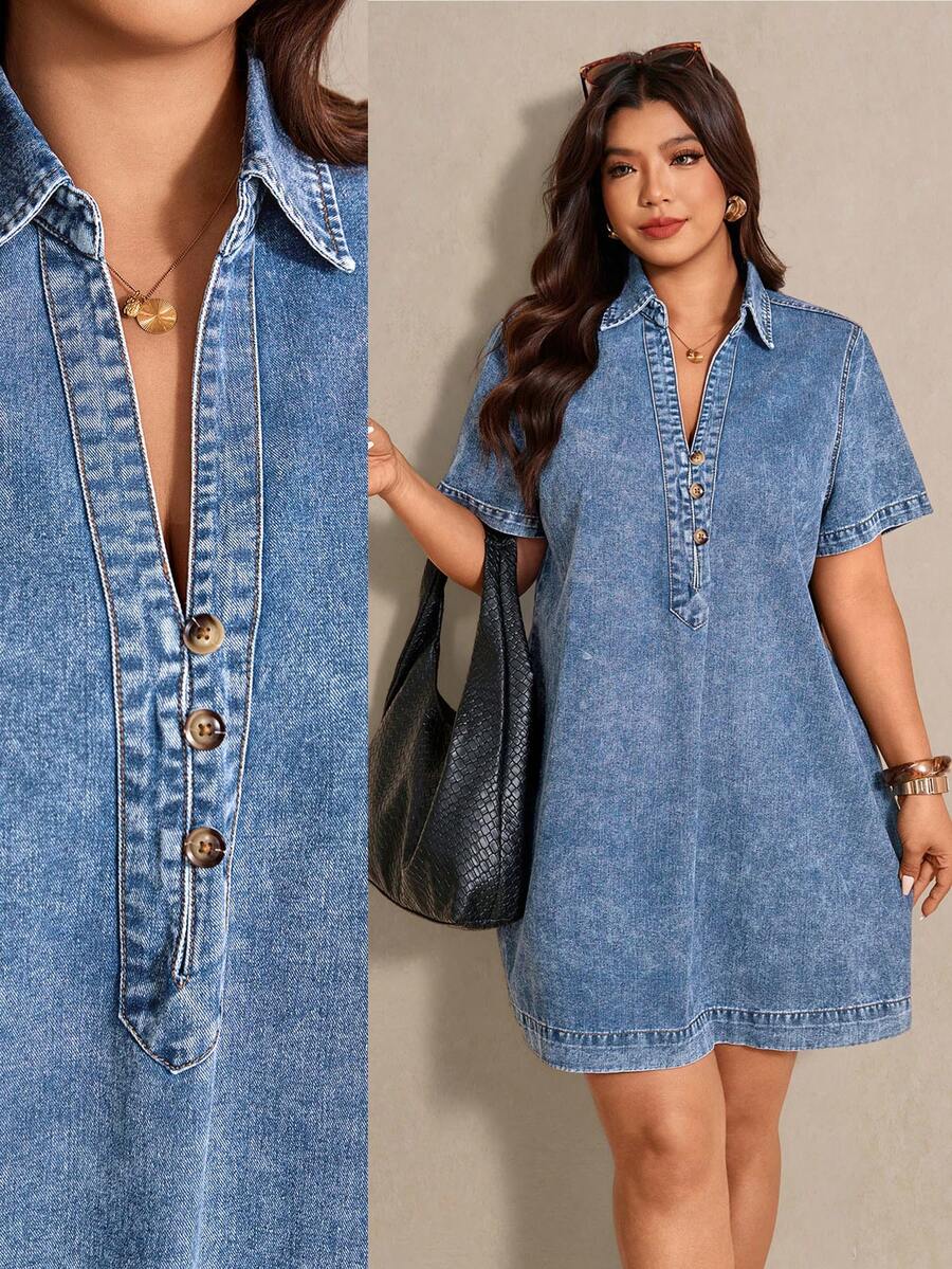Elaquor Plus Size Women's Summer Casual Vacation Daily Commute Button Decor V-Neck Short Sleeve Loose Denim Dress