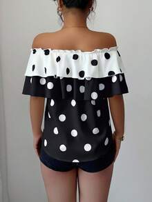 Elenzga Color-Blocked Polka Dot Print Off-Shoulder Elegant Short-Sleeved Summer Shirt - Black and White - View 2