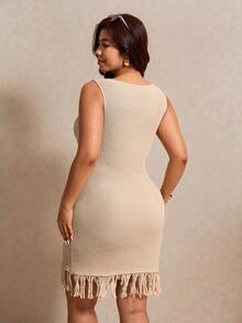 Elaquor Plus Size Starfish Pattern Round Neck Sleeveless Sweater Dress Fall/Winter - Apricot - View 2