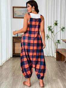 SHEIN LUNE CURVE Bộ áo liền quần dệt kim dáng rộng, thoải mái, có túi dành cho nữ, thích hợp cho kỳ nghỉ, có họa tiết kẻ caro. - trái cam - Xem 3