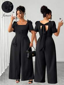 SHEIN Elenzya Plus Size Jumpsuit, Fashionable & Elegant Waist-Cinching Square Neck Design, Slimming, Suitable For Dates, Commuting, Classy & Refined, Suitable For Gatherings - Black - View 5