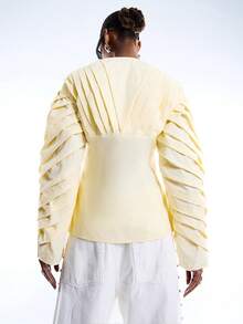 LYSMO 女士纯色褶裥单排扣时尚衬衫 - 淡黃色 - 查看 2