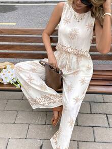 Serisse 女式几何印花吊带背心和裤子两件套，休闲度假装，女式夏季服装，女式两件套裤子，女式夏季服装，波西米亚风女装，春夏，女式夏季服装女式两件套，定位印花设计无袖上衣和阔腿裤套装，后背纽扣装饰设计，高腰松紧带长裤，定位印花竹麻纹理面料，度假和海滩通勤 - 彩色 - 查看 3