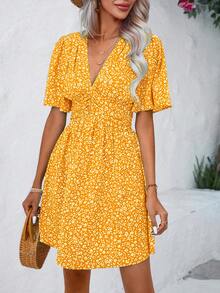 Wandoria Women's Summer Beach Vacation Floral Print V-Neck Flutter Sleeve Ruched Waist Short Dress - Yellow - View 7