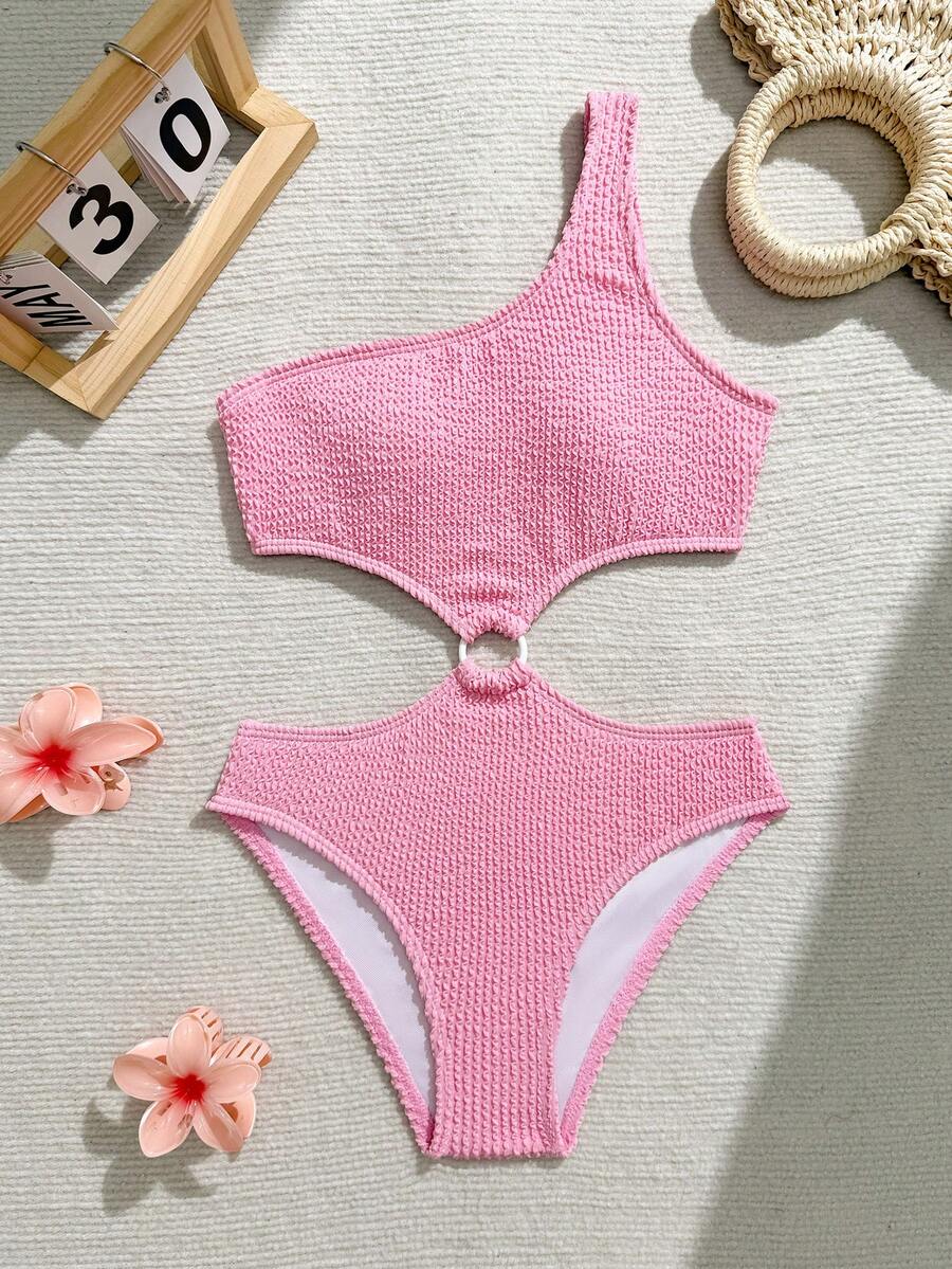 SHEIN 少女连体泳衣,可爱粉色波浪图案,针织面料,单肩带,中心环扣,常规裤腿,时尚休闲优雅,适合游泳、夏季度假、海滩、泳池、节日派对等场合 - 粉色 - 查看 1