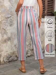 EMERY ROSE 女士休闲度假通勤撞色条纹印花弹力腰侧口袋七分裤 - 彩色 - 查看 2