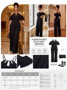 Elenzga Plus Size Women Casual Solid Color Spaghetti Strap Jumpsuit With Cinched Waist - Black - View 2