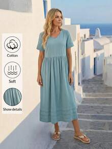 Faunlyn 女士休闲纯色连衣裙 - 綠色 - 查看 7