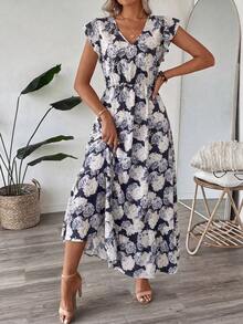 SHEIN LUNE V领荷叶边装饰短袖及下摆女士休闲度假连衣裙，印花图案 - 彩色 - 查看 8