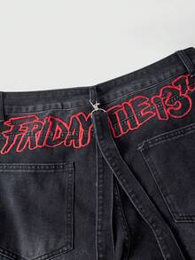 Friday the 13th X ROMWE Collaboration Oversized Graphic Embroidered Wide Leg Loose Jeans With Drawstring Waist Belt For Women - Grey - View 3