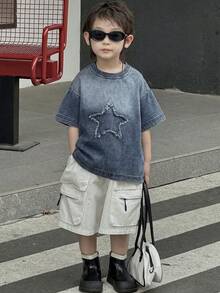 Dazy Kids Toddler Boys' Loose Casual Denim T-Shirt With Star Pattern, Summer - Medium Wash - View 4