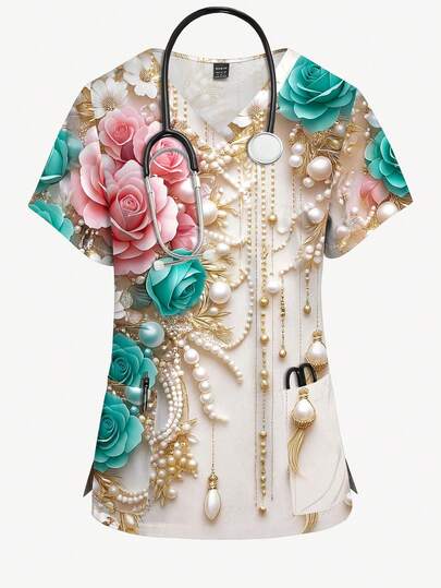 PopScrub Rose Blumen & Kunstperlen 3D Muster Krankenschwester Kasack, V-Ausschnitt Kurzarm Kasack, modische Pflege-Uniform für Frauen, Frühling/Sommer