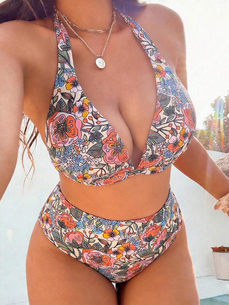 Swim Vcay Bộ bikini cạp cao 2 mảnh in hoa dành cho nữ cỡ lớn năm 2026, trang phục đi biển, váy dự tiệc, đồ bơi thanh lịch cho nữ, trang phục đi nghỉ mát cho nữ. - Nhiều màu - Xem 1