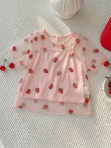 SHEIN Young Girl Mesh Embroidered Strawberry Pattern Round Neck Casual T-Shirt - Pink - View 1