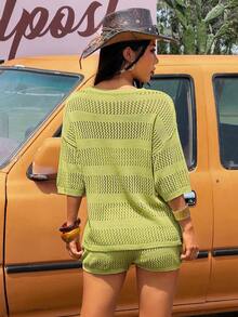 SHEIN EZwear Bộ đồ nữ màu trơn khoét lỗ vai rớt và quần short dệt kim, kiểu dáng thường ngày. - màu xanh lá - Xem 4