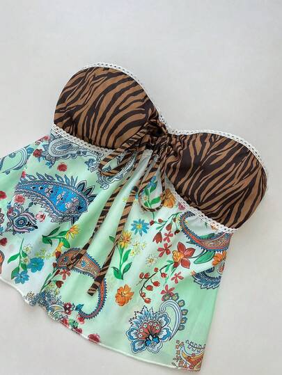 Sunnyshic Women's Summer Casual Vacation Embroidered Leopard Print Bow Tie Waist A-Line Paisley Patchwork Sleeveless Top, Suitable For Boho Party, Beach Holiday, Casual Party, Music Festival