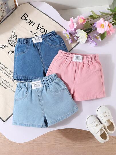 女童牛仔蓝/粉色/浅牛仔蓝三色牛仔短裤 夏季新款韩版时尚百搭弹力荷叶边高腰舒适优质棉质牛仔日常基础款上学装度假棉质夏季服装 儿童牛仔短裤 女童短裤