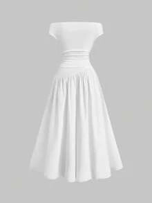 Sweetra 大码时尚白色露肩短袖印花拼接收腰连衣裙，春夏款 - 藍色 - 查看 2