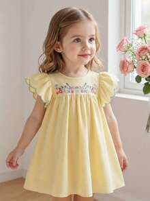SHEIN Vintaside Kids 女婴可爱刺绣碎花连衣裙，荷叶边喇叭袖，乡村风夏季连衣裙，适合日常外出、度假，黄色连衣裙，春夏款 - 黃色 - 查看 2