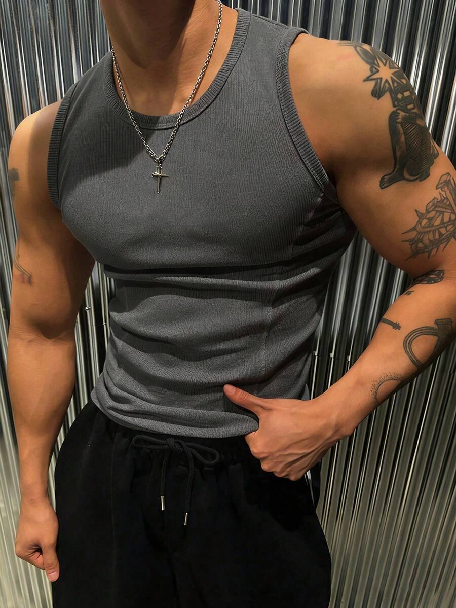 Manfinity Dauomo 男士休闲日常通勤简约纯色修身背心，夏季 - 灰色 - 查看 1