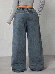 SHEIN ICON Plus Size Casual Washed Loose Wide-Leg Jeans - Dusty Blue - View 2