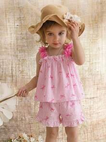 SHEIN Conjunto de camiseta de tirantes y pantalones cortos a rayas rosas y blancas con lazo, estilo casual y lindo para bebé niña de vacaciones - Rosa - Ver 10