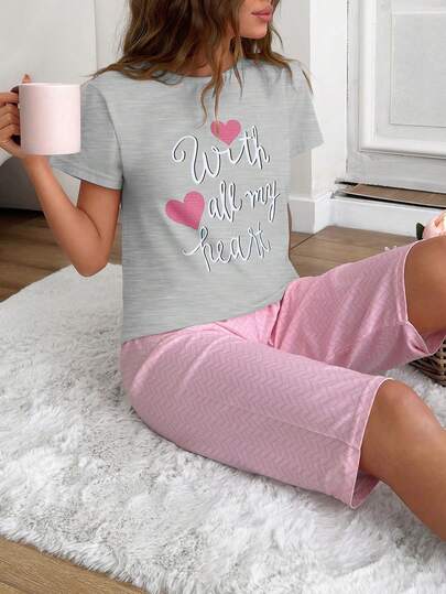EURMUSE Cotton Women 2 Pcs Contrast Colour Slogan Printed Short Sleeve Shirt And Printed Capri Bottom Pj Set