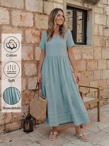 Faunlyn 女士休闲纯色连衣裙 - 綠色 - 查看 6
