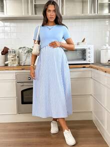 Slowluna Maternity Spring And Summer Pregnant Comfortable Casual Blue & Striped Patchwork Round Neck Short Sleeve Nursing Dress - Black and White - View 6