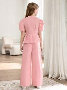 SHEIN 2件套女童花瓣袖西装上衣和直筒阔腿裤套装 - 粉色 - 查看 3