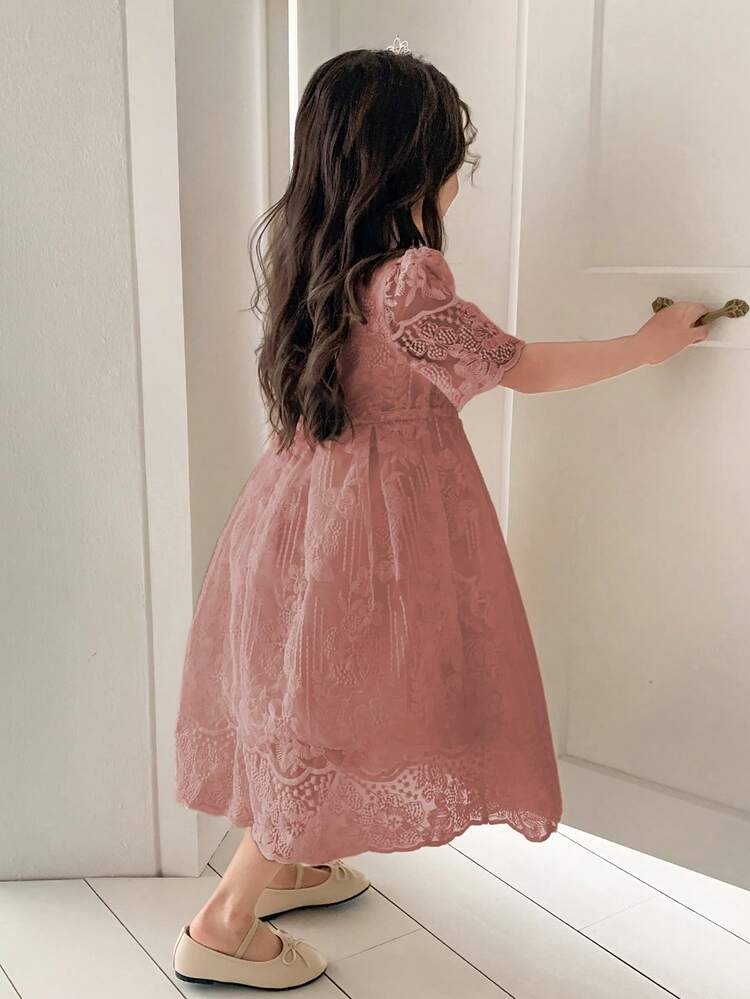 Young Girls' Summer New Elegant Princess Style Jewel Neck Beaded Embroidery Waist Cinched High-Waist Lace Dress Sun Dresses For Women