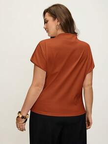Comfylo Plus Size Elegant Solid Color Pleated Fitted Blouse Basic Tops For Women Asymmetrical Latest New Arrivals Business Casual Modern - Brown - View 5